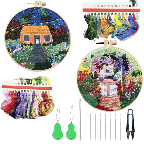 Image of Allazone 2 Sets Embroidery Kit for Beginners, Stitch Practice Kits for Craft Lover Hand Stitch with Embroidery Fabric with Stamped Pattern, Starter Stitch Kits Suitable for Adults (Garden)
