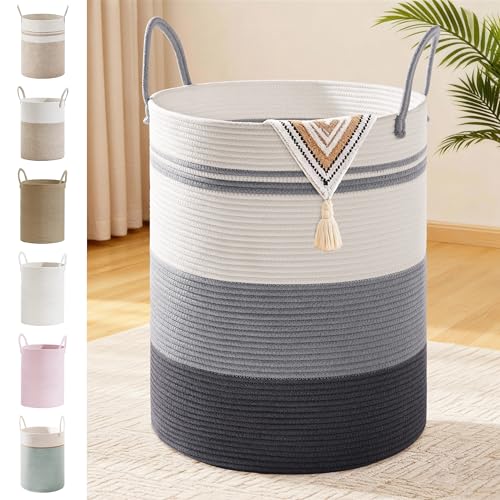 Image of 72L Large Tall Cotton Rope Laundry Basket with Handle, Grey Striped