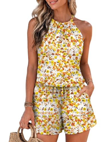 Image of Rapbin 2 Piece Short Sets for Women Casual Vacation Summer Outfits Sleeveless Halter Tops Loose Fit