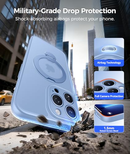 Image of FNTCASE for iPhone 13 Pro-Max Case: [360 Spin Magnetic Stand] [Compatible with Magsafe] [Screen Protector] Translucent Matte Military Grade Shockproof Full Camera Protective Phone Cover - Light Blue