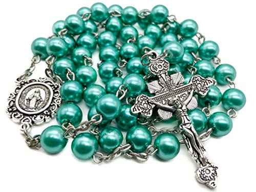 Nazareth Store - Collar de Rosario de cuentas de perlas de aguamarina católica Medalla milagrosa y cruz NS - Bolso de terciopelo