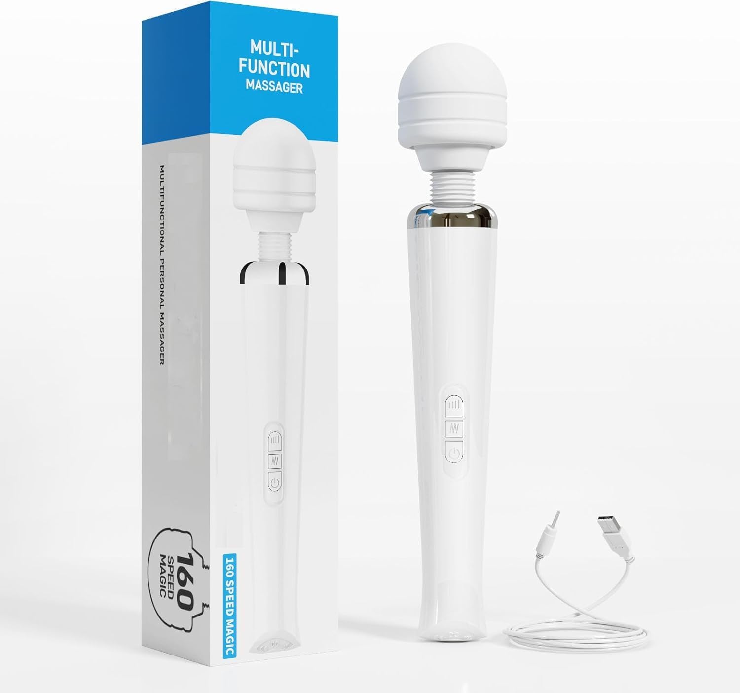 Handheld Cordless & Rechargeable Back Massager - Quiet Waterproof Full Body Massage Device for Muscle Tension, Aches Relief, Sports Recovery and Deep Relaxation with 20 Modes & 8 Speed Settings White