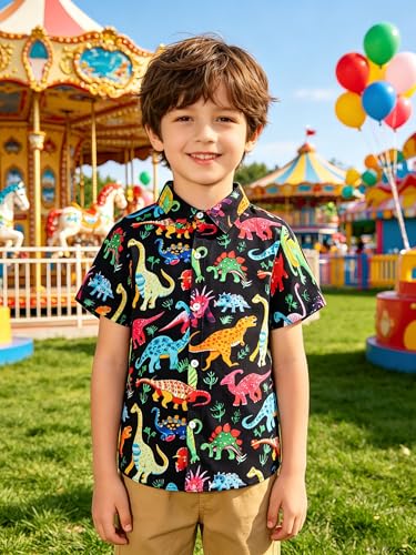 Image of uideazone 2-10 Years Boys Button Down Shirts 3D Graphic Hawaiian Aloha Short Sleeve Dress Shirt Tops