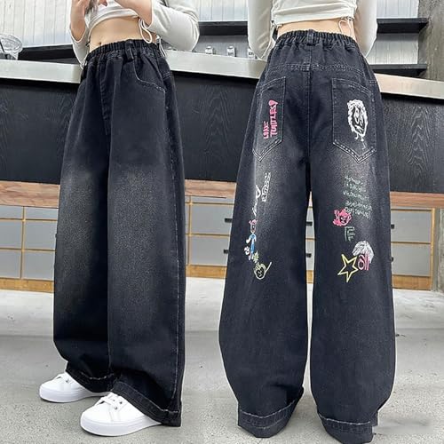 Girls Jeans Back Cute Prints Elastic Waist Straight Baggy Wide Leg Denim Pants Teens Floor Length Casuall Trousers2