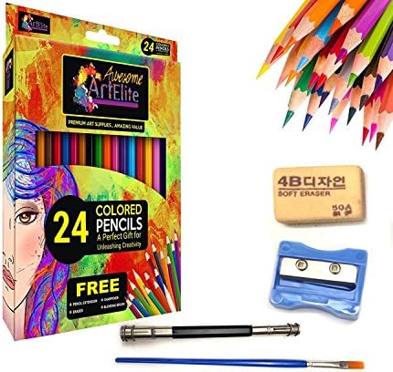 Colored Pencils - 24 Color Pencils Pre-Sharpened Set For Premium Drawing & Coloring + 4 Free Extra Art supplies -Perfect for Kids, Art Students and Professionals (24 Packs)