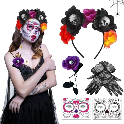 XLZJYIJ Diadema dia de los Muertos Mujer, Diadema de Flores Halloween con Pegatinas de Cara de Halloween Rosas Artificiales Guantes de Encaje, Tocado Mexicanas para Mujer Halloween Fiestas