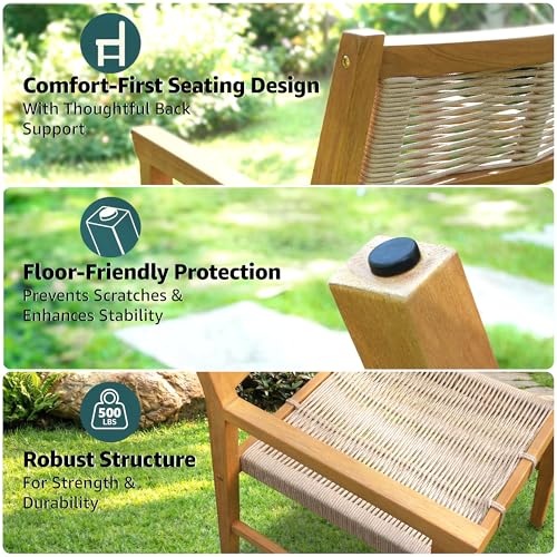 Image of Acacia 7 Pieces Outdoor Dining Set for 6-Person, 63 inch L Classic Rectangular Table & 6 Handwoven Rope Chairs - Eucalyptus Grandis Solid Wood, Weather Resistant Patio Furniture Set, Natural
