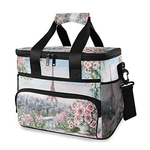 ALAZA Paris Eiffel Tower Flowers Rose Spring Large Capacity Cooler Tote Insulated Lunch Bag Lunch Cooler Bag