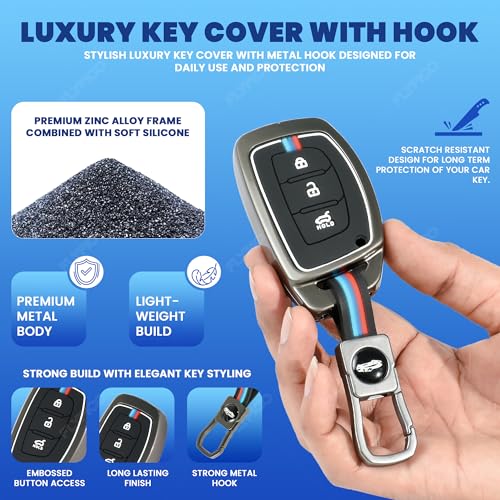 Image of Metal Silicon Key Cover Compatible with Hyundai Creta i10 Grand i20 Elite i20 Active Xcent Verna 4s, Tucson Elantra Grand i10 Nios 3 Button Smart Key Special Feature Visible in Low-Light