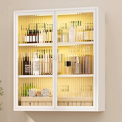 Image of Laundry Room Cabinets Wall Mounted, Metal Bathroom Wall Cabinet with Glass Doors & LED Lights, White Medicine Cabinet for Bathroom, Kitchen, Living Room and Entryway