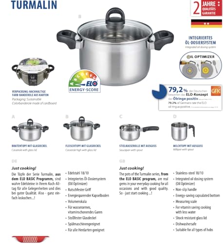 ELO Tourmaline Series 12814 Milk Pan with Extension 14 cm Satin Stainless Steel Non-Slip Plastic Handle with Litre Scale and Oil Dispensing System - Image 2