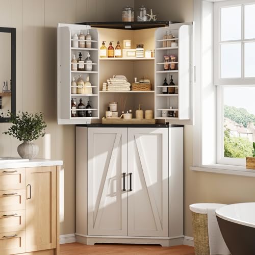 Image of Dripex 71 inch White Farmhouse Corner Pantry Cabinet with LED Light, Tall Storage Cabinet with Doors & Adjustable Shelves, Food Pantry for Kitchen, Living Room, Dining Room