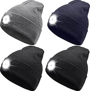 Zhanmai 4 Pack LED Light Beanie Hat USB Rechargeable Winter Knitted Lighted Cap Headlight Hat Gifts for Men