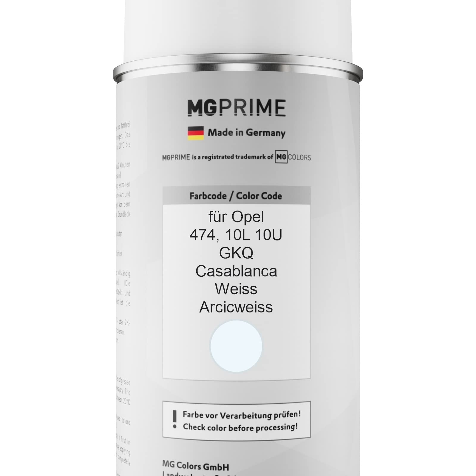 MG PRIME Vernice per auto Kit di bombolette a spruzzo per Opel 474 / 10L 10U GKQ Casablanca Weiss/Casa Blanca White Bomboletta spray da 400ml di vernice di base vernice trasparente