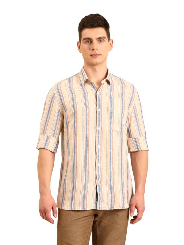 Image of Linen Club Men's Pure Linen Striped Contemporary Fit Full Sleeve Casual Shirt