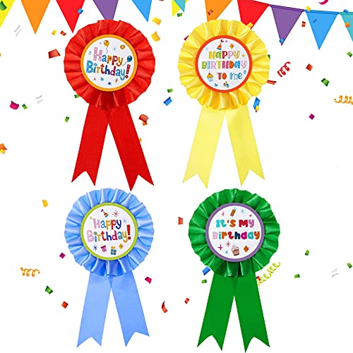 24 Pieces Happy Birthday Award Ribbon Birthday Tinplate Badge Pins Rosette Birthday Pin Birthday Button Happy Birthday Badge Brooch for Kids Girl Boy Party Favors and Baby Shower Decoration, 4 Styles