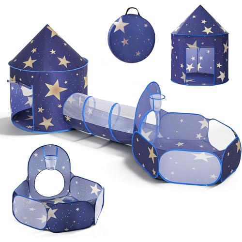 3PC Kids Play Tent with Tunnel and Ball Pit, Pop up Play Tents for Toddlers, Space World Playhouse for Indoor & Outdoor Use, Starry Sky Tent with Carry Bag, Ideal Gifts for Boys & Girls