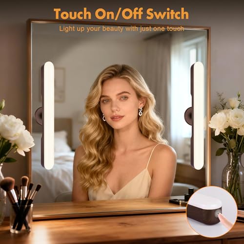 Image of cambk Set of 2 Wireless Vanity Makeup Lights for Mirror, Rechargeable LED Stick On Light Bar for Bathroom Mirror with Dimmable 3 CCT, Long Battery Life Cordless Light for Vanity Desk(Dark Brown)