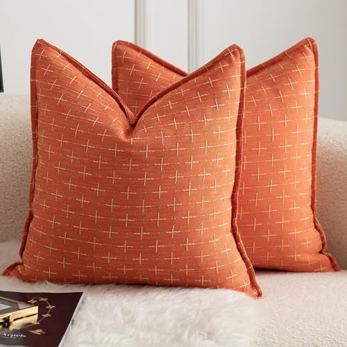 MANDIOO Pack of 2 Burlap Linen Throw Pillow Covers Woven Textured Modern Farmhouse Cushion Covers Pillowcase Decorative Couch Sofa Bed Living Room 18 x 18 Inch Orange