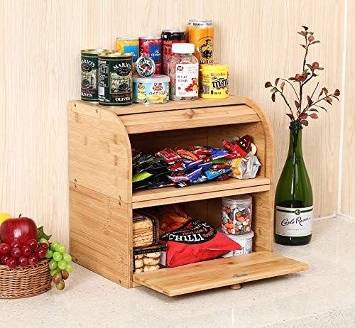 Izlif Natural Bamboo 2 Layer Bread Boxes Rolltop For Kitchen Food Storage Removable Layer Large Capacity Bread Keeper With Silverware Basket #TOP3