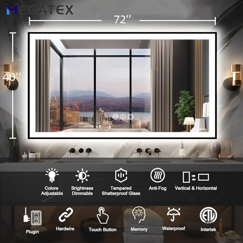 72x40 Large Light up Bathroom Mirror, Wall-Mounted LED Vanity Mirrors, Black Trim and Double Lights, 3 Colors and Stepless Dimming, Anti-Fog, Memory, Shatterproof (Horizontal/Vertical)