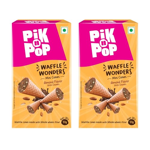 Image of Pik n Pop Almond Mini Waffle Cones 57g (Pack of 2), Crispy Cones with Creamy Almond Filling & Chunks, Whole Wheat, Non-Meltable Ready-to-Eat Snack, 100% Eggless