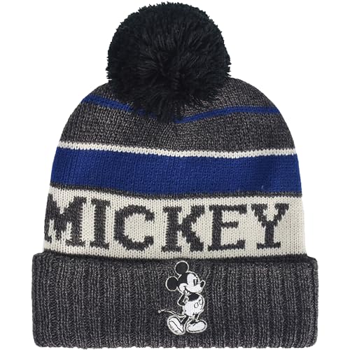Disney Mickey Mouse Beanie Hat Striped Winter Knit Cap with Cuff and Pom Black One Size