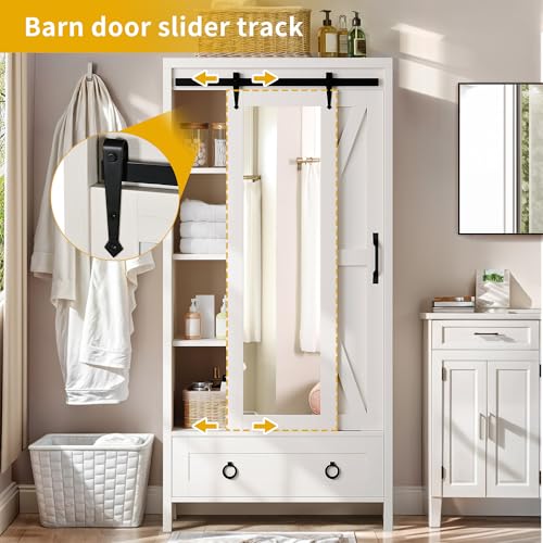 DWVO Bathroom Storage Cabinet, 67" Tall Storage Cabinet with Full Length Mirror & Barn Door, Farmhouse Bathroom Cabinets with Drawers for Kitchen Cabinet, Living Room, Laundry, White Oak