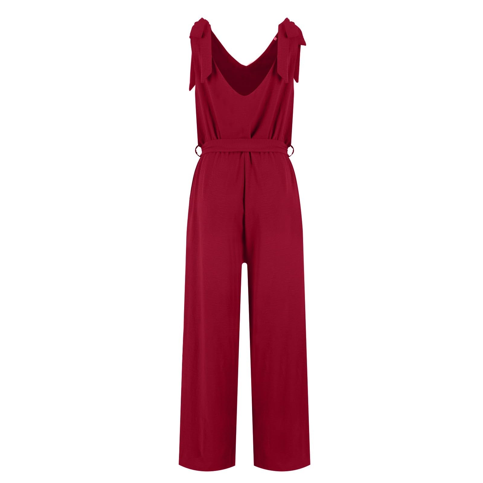 Jumpsuit Damen Sommer Lang Weites Bein Overall Damen Elegant Ärmellos Rückenfrei Jumpsuits V Ausschnitt Overalls Träger Schnürung Playsuit Frauen Mit Gürtel Romper Mit Taschen Onesie Freizeit