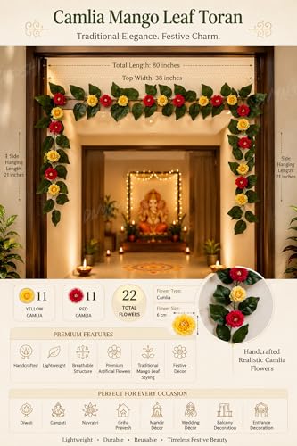 Image of Divyakosh Mango Leaf Vine /Creeper witl Camellia Flowers for Door Entrance Toran /Garland, 80 Inch Artificial Flower Thoran /Bandarwal, Festive Pooja Hanging, Diwali Ganpati Navratri Home Decor