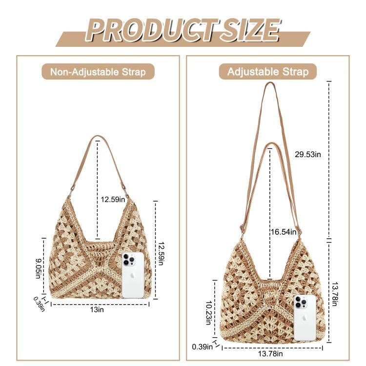 Straw Hobo Beach Bag for Women, Woven Tote Bag Summer Crochet Shoulder Bag Purse with PU Leather Strap,Vintage Foldable Handbag for Everyday Travel Vacation(Khaki-Adjustable Strap)