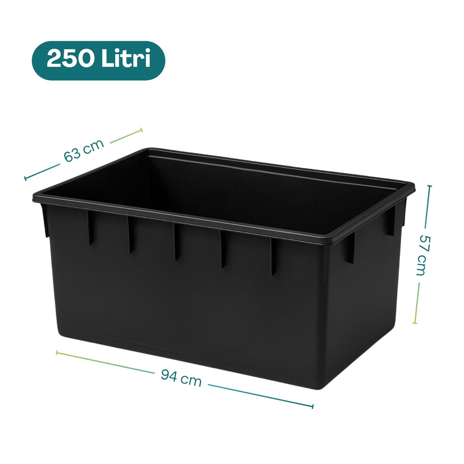 PALUPLUS 3 Contenitori Rettangolari Neri da 250 Litri, Misura 94x63x57 cm, Mastellone Impilabile in Plastica, adatto per Stoccaggio, Fioriera, Vasca per pesci e tartarughe -006F -25,5