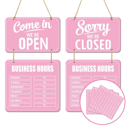 Lesnala Business Hours Sign Hanging Open and Closed Mark Wooden Double Sided with Time Stickers for Coffee Bar Shop Door Window Restaurant Pink