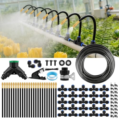 Kalolary 100FT Bewässerungs System, 360° verstellbares Messingdüsen-Bewässerungssystem – Stecksystem für Garten & Terrassenkühlung (Kühlsystem-102PCS)