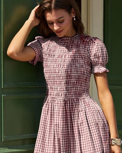 Image of RIHOAS Plaid Gingham Midi Dress Short Sleeve Smocked Dresses for Women | Cotton,Ruffle Puff Sleeves,Vintage Brown,Spring Summer Casual Daily,Picnic,Travel,Vacation,Christmas Festive Occasions