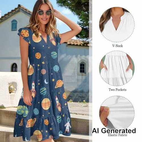 Image of Womens Summer Dress Ruffle Sleeve V Neck Dress Casual Fit Flowy Beach Vacation Sundress with Pocket S-2XL