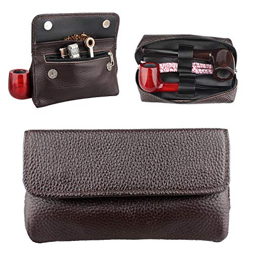 Health Secure Soft Genuine Leather Preserve Freshness Pipe Tobacco Pouch case with 2 Pipe Holder Pocket (Brown) - Thumbnail 6