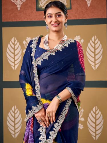 Image of SIRIL Women's Chiffon Bandhani Printed Saree, Sequence Embroidery Border