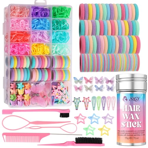 Hair Accessories for Girls, 1350P Colorful Hair Ties with 44P Hair Clips, Glitter Butterfly Hair Clips for Kids, Hair Wax Stick, Butterfly Hair Claws, Hair Barrettes with Hair Comb Set & Organizer Box