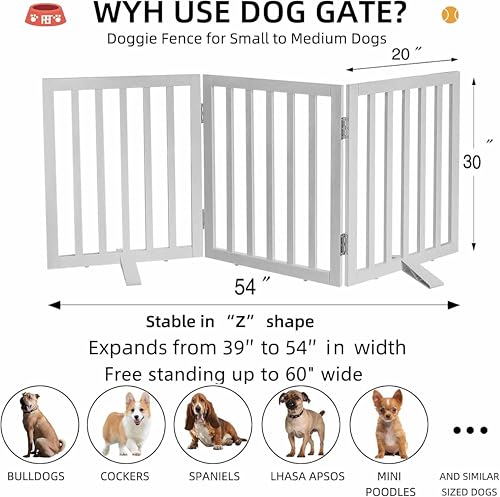 Image of Belief Foldable Wooden Pet Gate for Dogs & Cats - Indoor Safety Barrier for Doorways, Hallways & Stairs | Free-Standing, Portable White Dog Fence - 3 Panel, 60 cm Height (【3 Panels 】 59''W x 30''H)