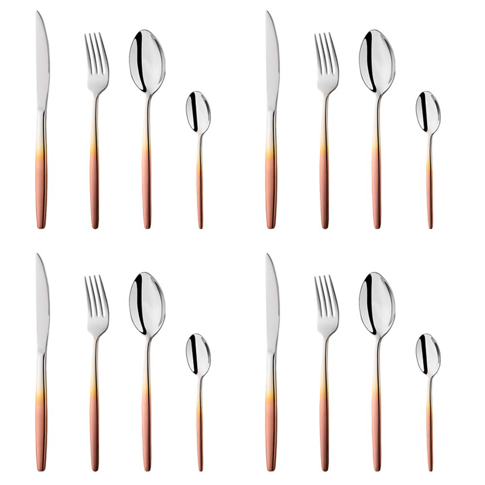 Bisda Juego de cubiertos de acero inoxidable con mango de color oro rosa, servicio de cubiertos de 16 piezas para 4 personas, Cucharas de sopa Tenedores Cuchillos Juego de cucharaditas