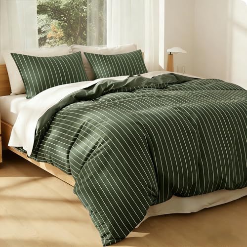 Image of Striped Duvet Cover Twin Size Olive Green Stripes Reversible Bedding Set Vertical Ticking Stripes Soft Breathable Microfiber Comforter Cover Set with Zipper Closure and 1 Pillowcase