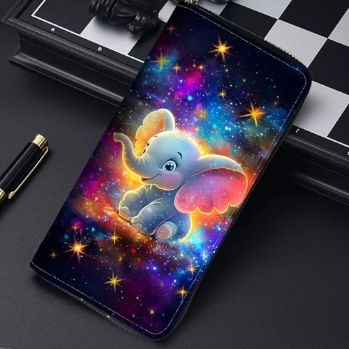 Image of RFID Blocking Leather Wallet for Women - Large Capacity Zip Around Clutch with 8 Card Slots,6 Cash Pockets & Coin Zipper,Baby Elephant and Star