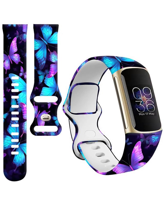 BOSPFJG Sport Bands Compatible with Charge 5/6, Soft Waterproof Silicone Replacement Straps Wristbands for Fitbit Charge Advanced Fitness Tracker (Beautiful Blue Butterfly, 130mm-220mm)