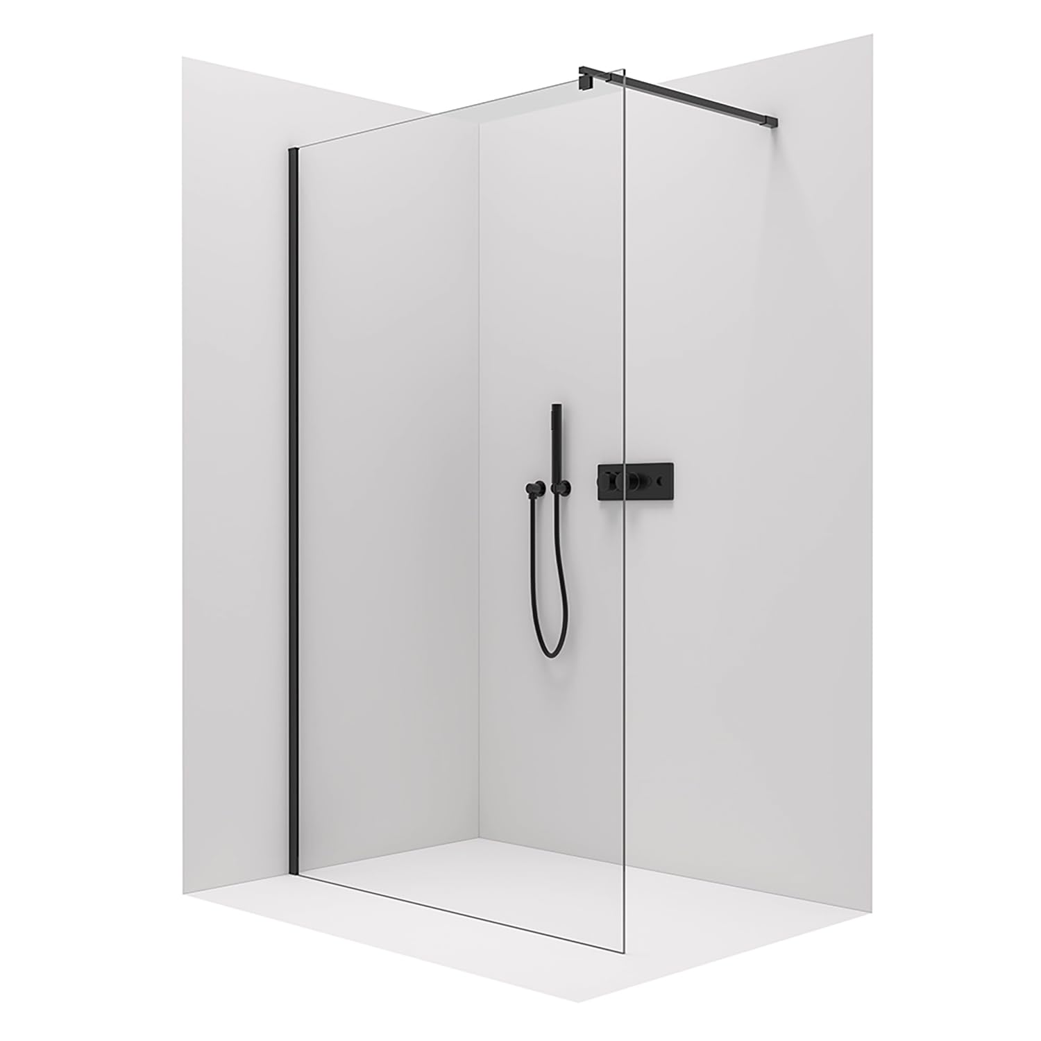 Parete doccia Walk In 70 cm Vetro Temperato 8mm Anticalcare Alluminio Nero Opaco Braccio Telescopico