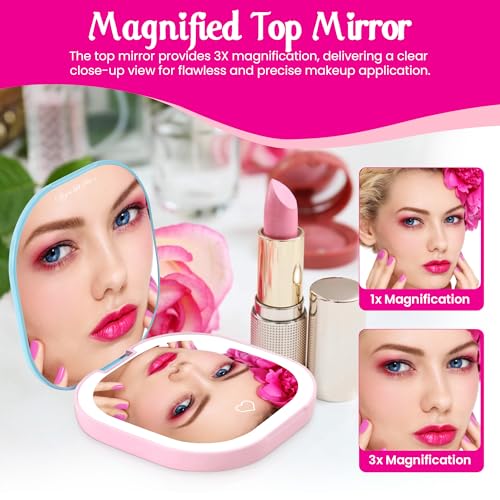 IMPRESSIONS VANITY · COMPANY Impressions Vanity Care Bears LED Compact Mirror for Purse, Lighted Travel Makeup Mirror with 3X Magnification, Auto Shut Off Daylight LED Lighting, Adjustable Brightness and Touch Sensor (Blue/Pink)