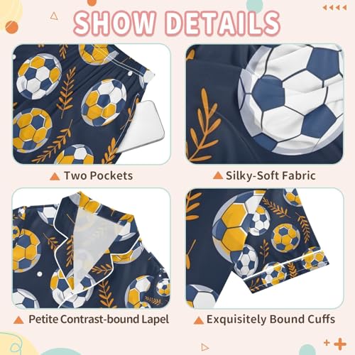 senya Yellow Football and Grass Satin Summer Pajama Sets Silk Short Sleeve Button Down Sleepwear3