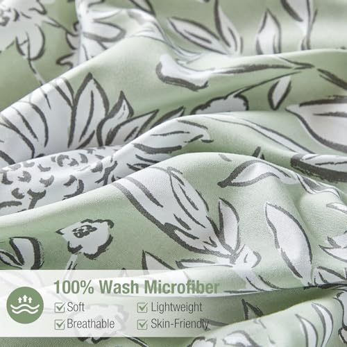 Image of Lekesky Queen Size Duvet Cover Set, Reversible Duvet Cover Queen with White Floral Pattern, Lightweight Soft Microfiber Comforter Cover, 3 Pieces Green Bedding Set with Zipper and 2 Pillowcases