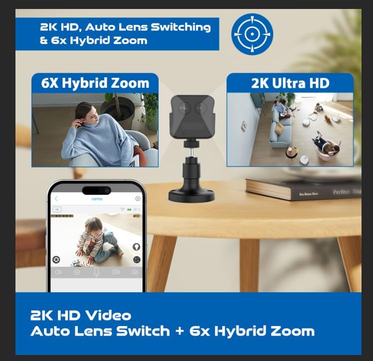 Miniatura 3 de Cámara de seguridad sin WiFi, cámara de seguridad celular 4G LTE inalámbrica para interiores con soporte magnético, tarjeta SIM 4G, lente dual, zoom