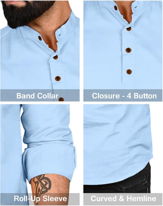 Image of ROYALSCOUT Men Cotton Blend Short Kurta with Mandarin Collar and Button Placket | Full Sleeve Regular Fit Ethnic Wear for Casual and Festive Use
